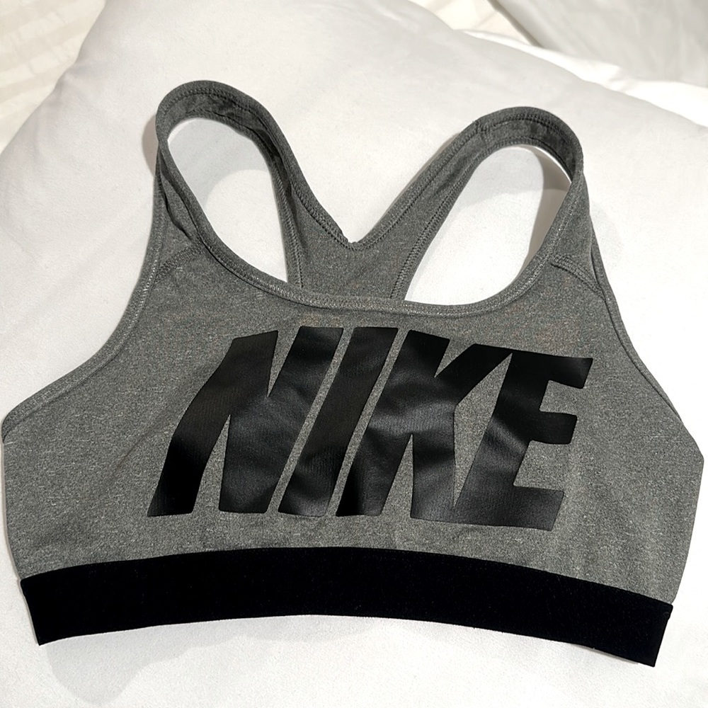 Nike Women’s Dri-Fit Sports Bra, Gray and Black Large Logo